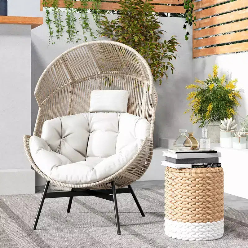Fauteuil œuf surdimensionné Costway avec coussins et appui-tête, cadre en métal robuste pour jardin, blanc cassé/gris/noir