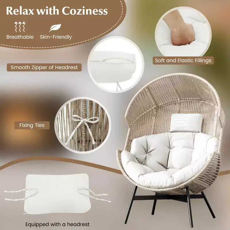 Fauteuil œuf surdimensionné Costway avec coussins et appui-tête, cadre en métal robuste pour jardin, blanc cassé/gris/noir