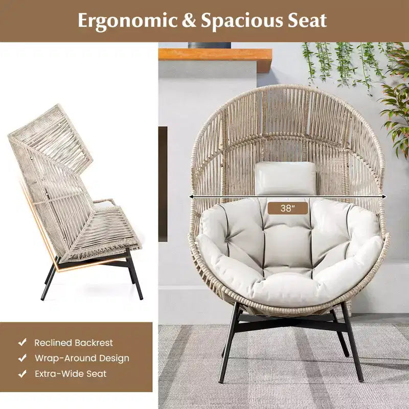 Fauteuil œuf surdimensionné Costway avec coussins et appui-tête, cadre en métal robuste pour jardin, blanc cassé/gris/noir