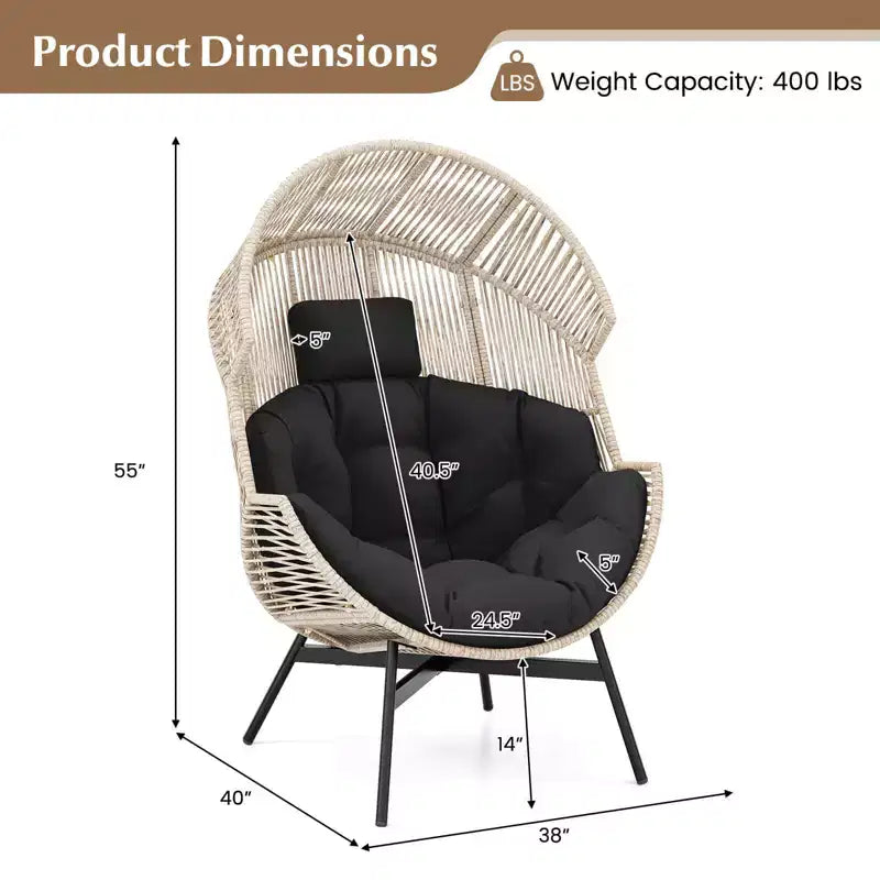 Fauteuil œuf surdimensionné Costway avec coussins et appui-tête, cadre en métal robuste pour jardin, blanc cassé/gris/noir