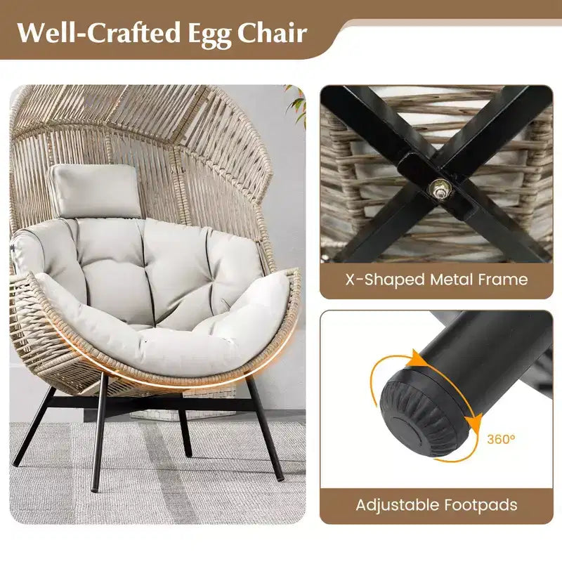 Fauteuil œuf surdimensionné Costway avec coussins et appui-tête, cadre en métal robuste pour jardin, blanc cassé/gris/noir