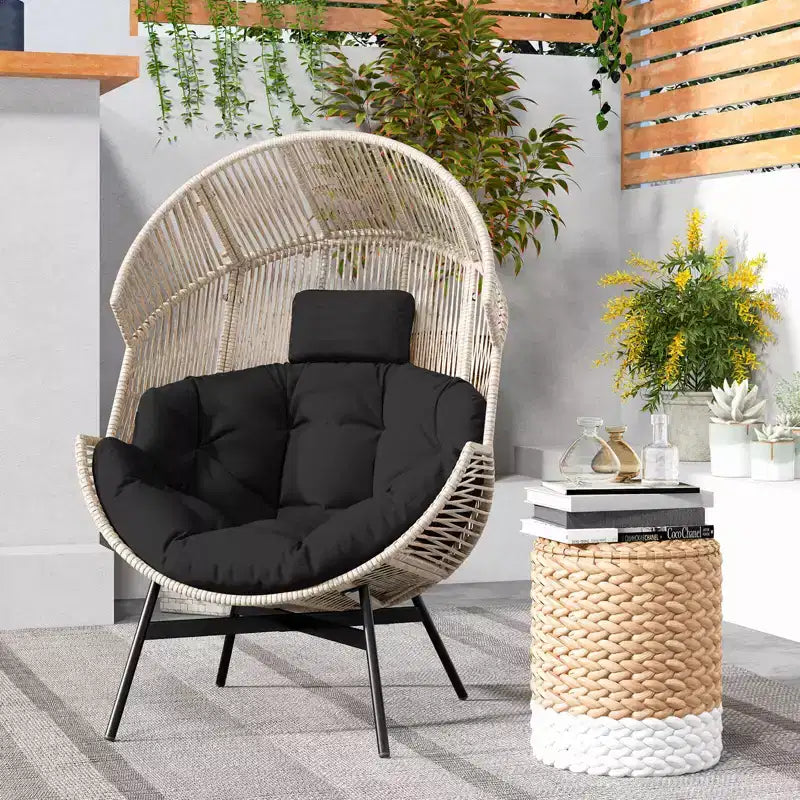 Fauteuil œuf surdimensionné Costway avec coussins et appui-tête, cadre en métal robuste pour jardin, blanc cassé/gris/noir