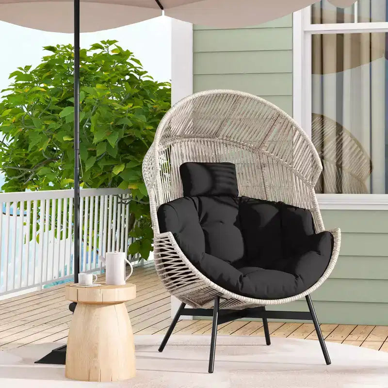 Fauteuil œuf surdimensionné Costway avec coussins et appui-tête, cadre en métal robuste pour jardin, blanc cassé/gris/noir