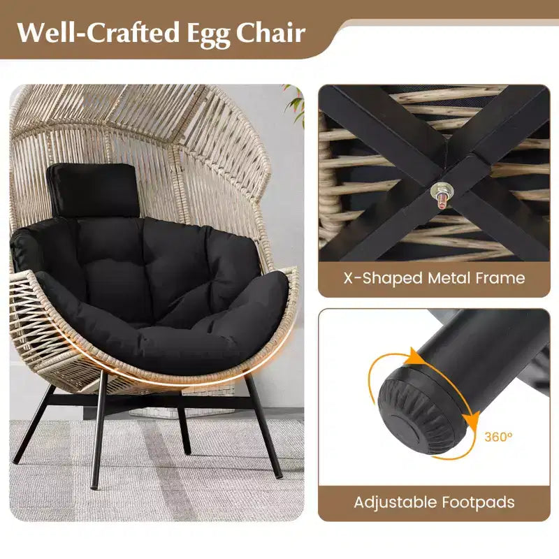 Fauteuil œuf surdimensionné Costway avec coussins et appui-tête, cadre en métal robuste pour jardin, blanc cassé/gris/noir