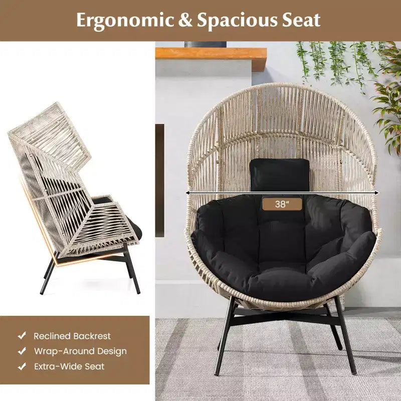 Fauteuil œuf surdimensionné Costway avec coussins et appui-tête, cadre en métal robuste pour jardin, blanc cassé/gris/noir