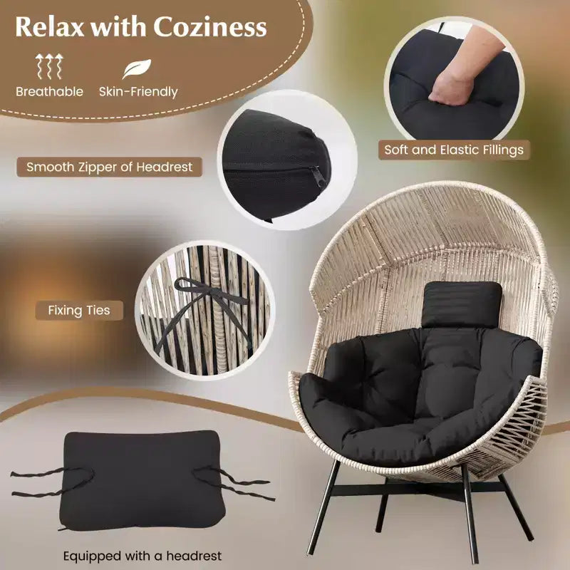 Fauteuil œuf surdimensionné Costway avec coussins et appui-tête, cadre en métal robuste pour jardin, blanc cassé/gris/noir