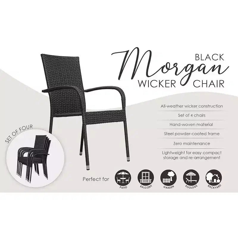 Balkene Home Morgan Lot de 4 chaises d'extérieur en osier noir sans assemblage légères portables sans entretien pour l'intérieur, le porche, le jardin, le balcon