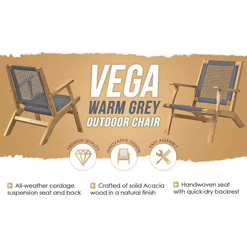 Balkene Home Vega Chaise d'extérieur en bois d'acacia teinté naturel, assise en toile tressée, design mi-siècle, fauteuil confortable – Corde grise