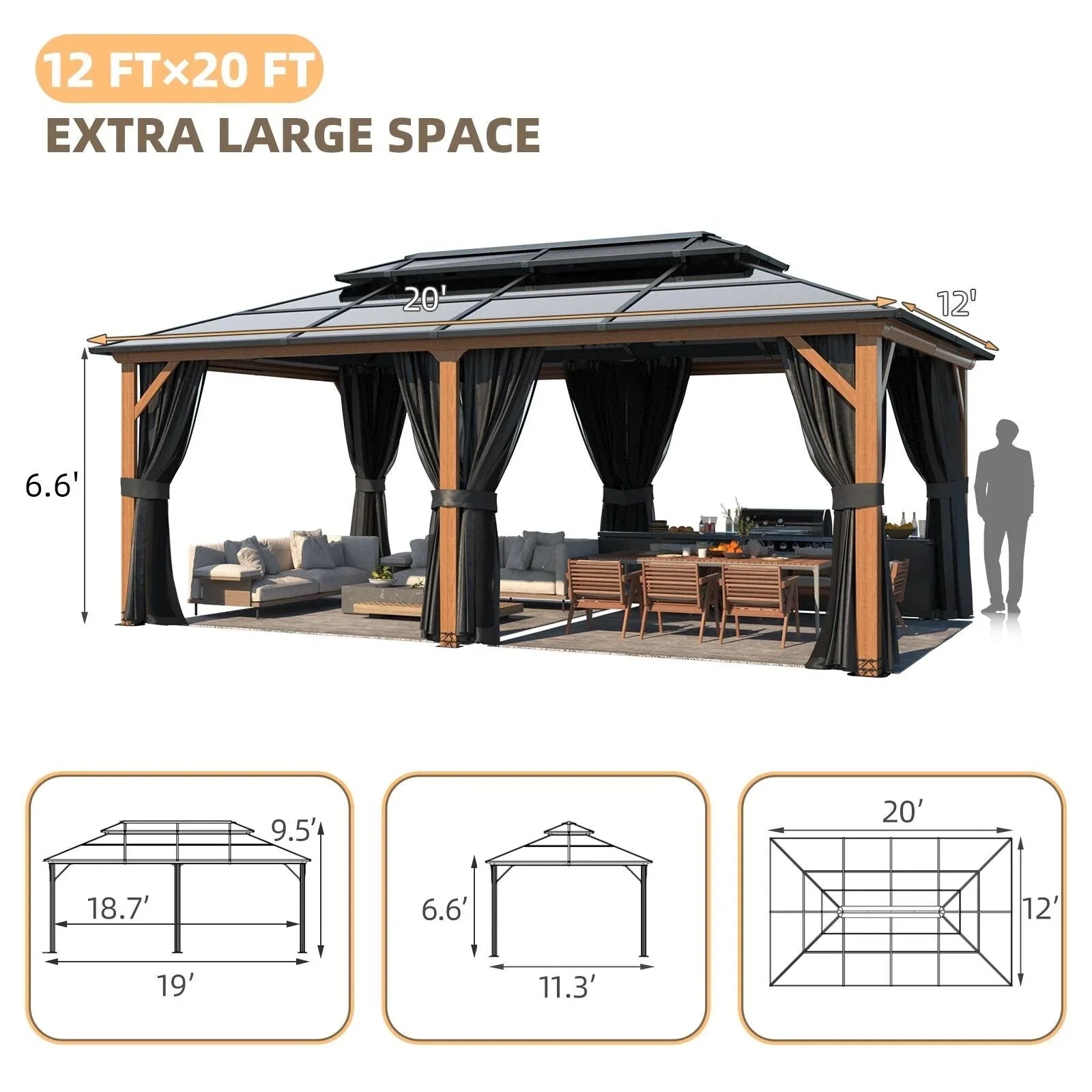 Tonnelle EROMMY à toit rigide, pergola extérieure avec double toit, moustiquaire et rideaux, auvent robuste pour patio, jardin, fête au bord de la piscine
