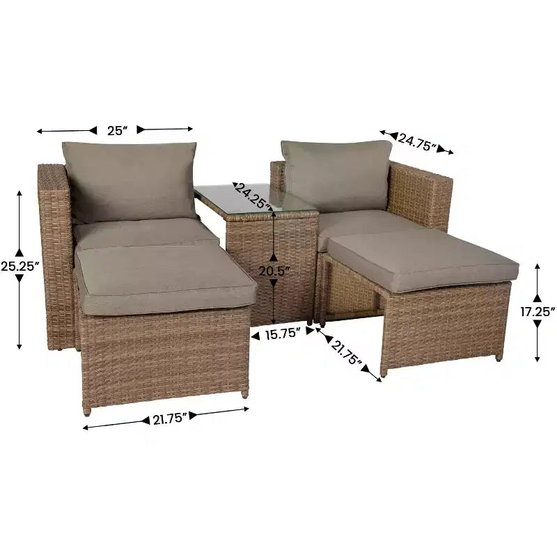 Ensemble de canapés modulaires en rotin tressé Merrick Lane pour intérieur/extérieur avec causeuse, poufs et table en verre trempé