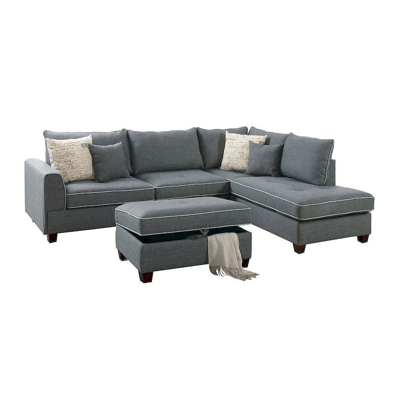 Ensemble sectionnel Bobkona en poly-tissu avec méridienne réversible et pouf de rangement.