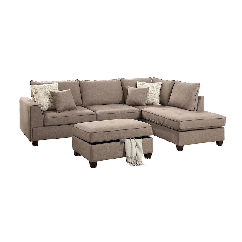 Ensemble sectionnel Bobkona en poly-tissu avec méridienne réversible et pouf de rangement.