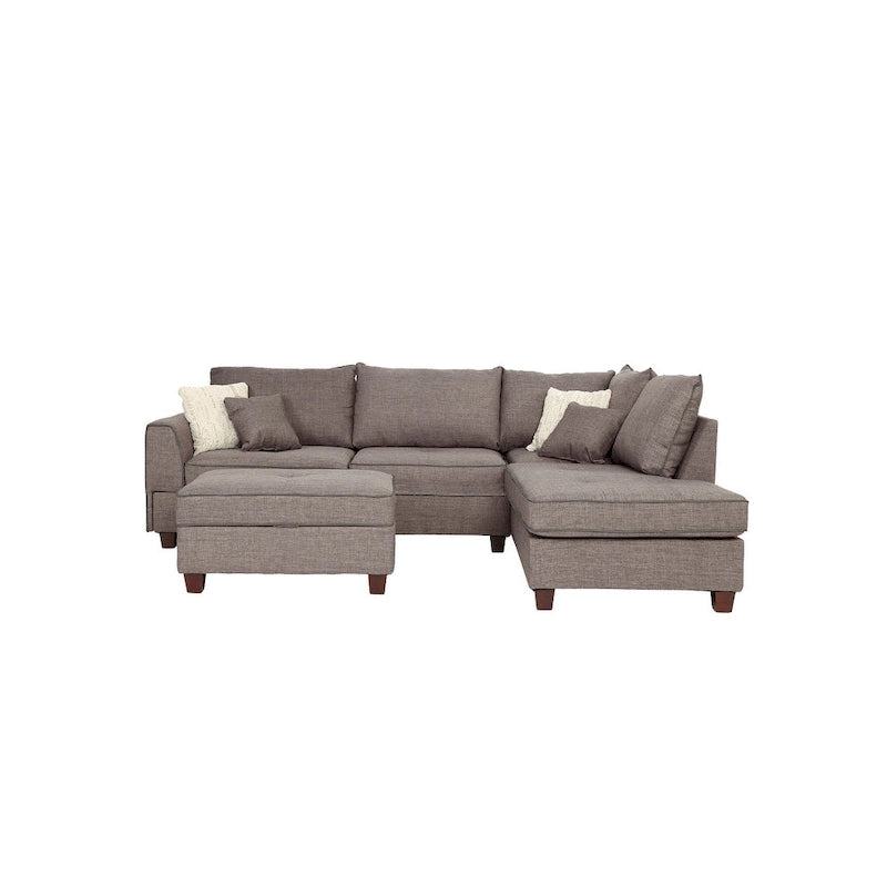 Ensemble sectionnel Bobkona en poly-tissu avec méridienne réversible et pouf de rangement.