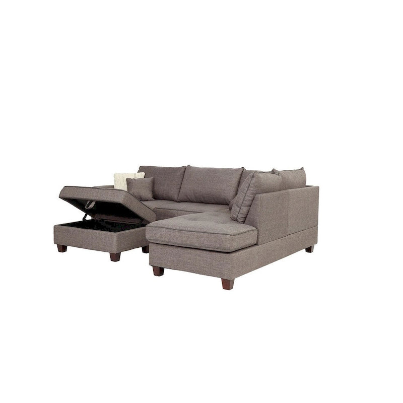Ensemble sectionnel Bobkona en poly-tissu avec méridienne réversible et pouf de rangement.