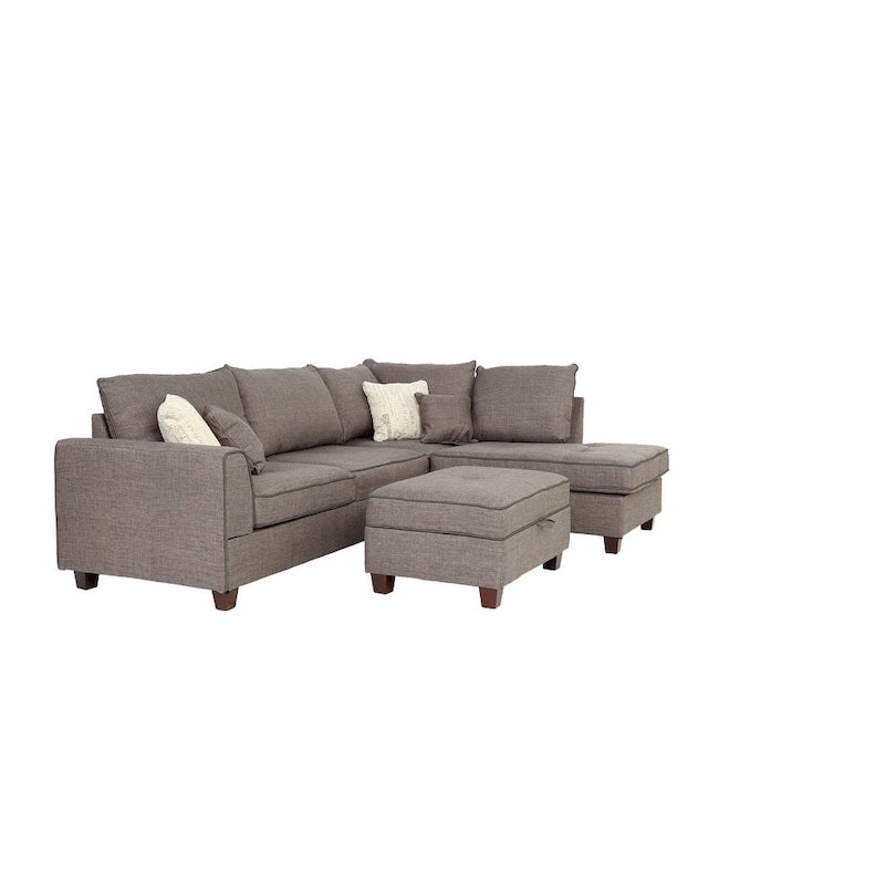 Ensemble sectionnel Bobkona en poly-tissu avec méridienne réversible et pouf de rangement.