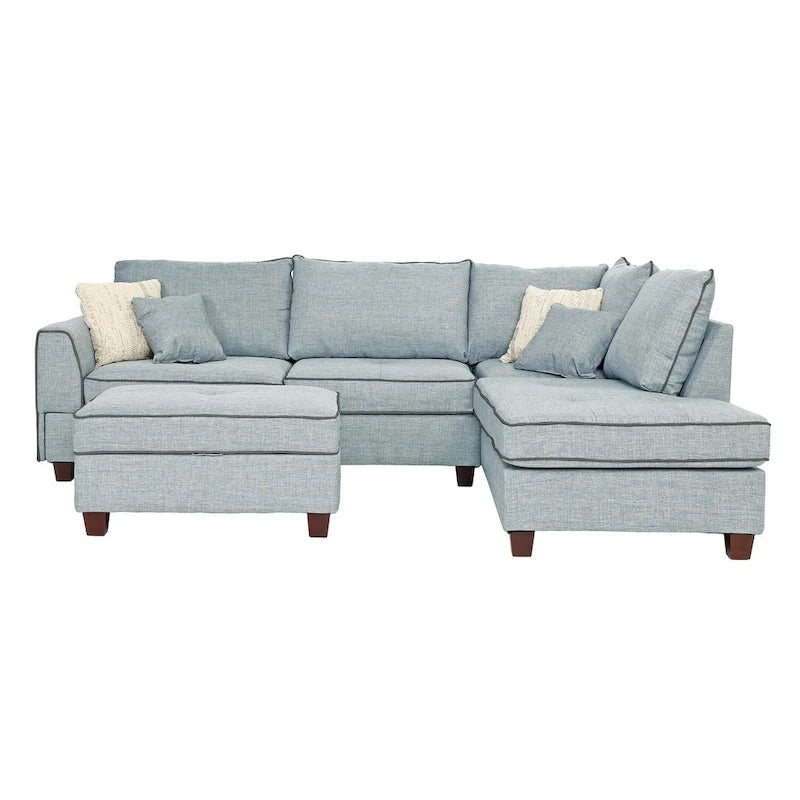 Ensemble sectionnel Bobkona en poly-tissu avec méridienne réversible et pouf de rangement.