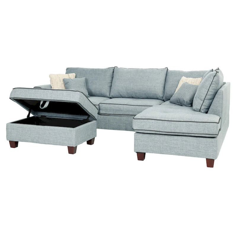 Ensemble sectionnel Bobkona en poly-tissu avec méridienne réversible et pouf de rangement.