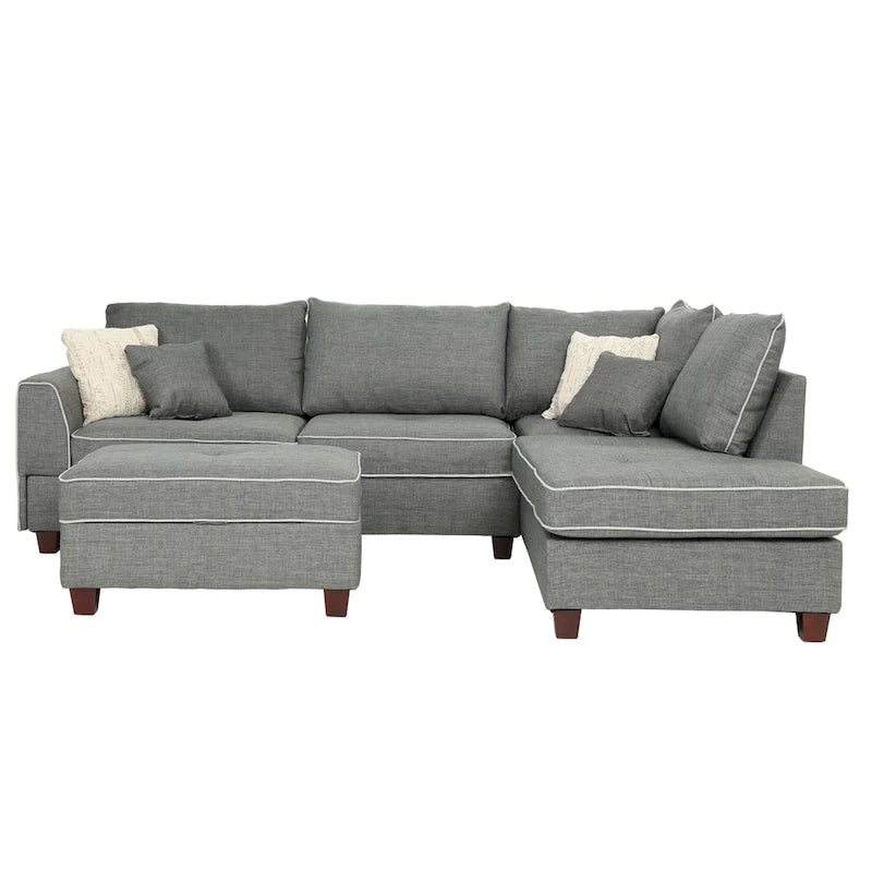 Ensemble sectionnel Bobkona en poly-tissu avec méridienne réversible et pouf de rangement.