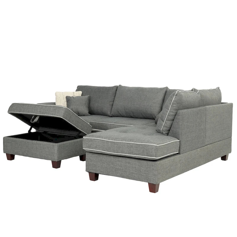Ensemble sectionnel Bobkona en poly-tissu avec méridienne réversible et pouf de rangement.