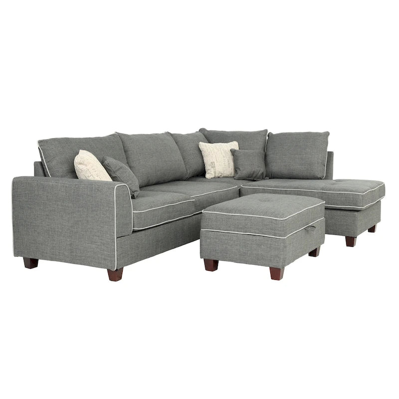 Ensemble sectionnel Bobkona en poly-tissu avec méridienne réversible et pouf de rangement.