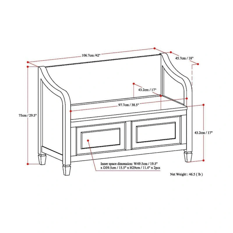 WYNDENHALL Hampshire Banc de rangement traditionnel en bois massif de 42 pouces de large pour entrée - 42 L x 18 P x 29,5 H
