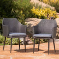 Set of 2 Outdoor Patio Dining Chairs, All-Weather PE Rattan Chairs, Iron Frame Wicker Dining Chairs with Waterproof Fabric Cushion, Armrests