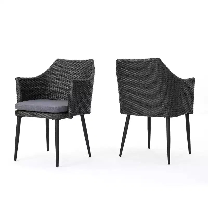 Lot de 2 chaises de salle à manger d'extérieur pour patio, chaises en rotin PE tout temps, chaises de salle à manger en osier avec structure en fer et coussin en tissu imperméable, accoudoirs