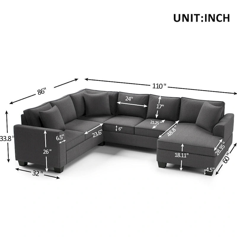 Canapé d'angle 279 x 218 cm Rembourré Moderne Accoudoirs Anglais Classique en U 3 Coussins Inclus