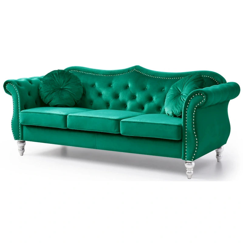Canapé 3 places Hollywood Chesterfield en velours de 82 po avec 2 coussins décoratifs – 82L x 35P x 34H