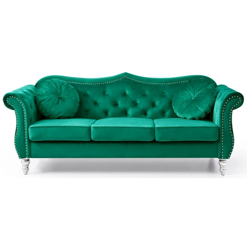 Canapé 3 places Hollywood Chesterfield en velours de 82 po avec 2 coussins décoratifs – 82L x 35P x 34H