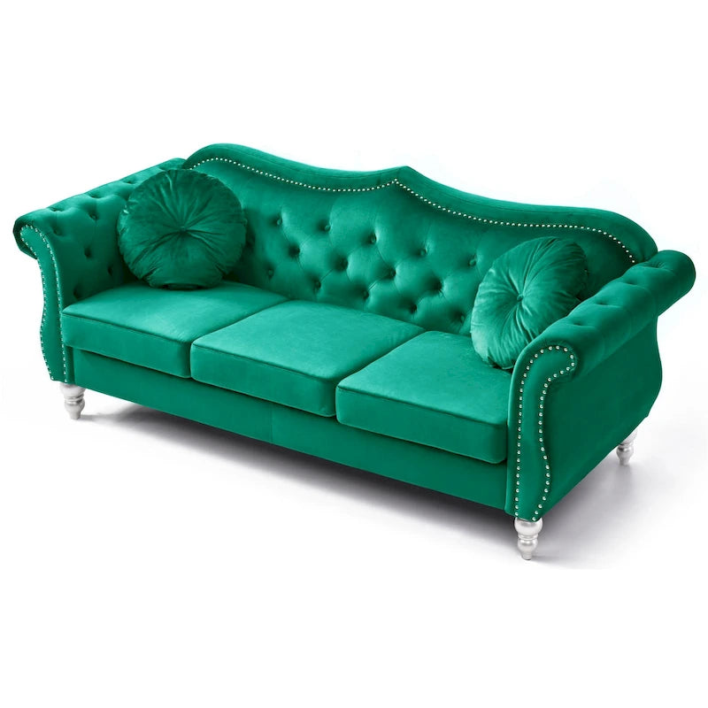 Canapé 3 places Hollywood Chesterfield en velours de 82 po avec 2 coussins décoratifs – 82L x 35P x 34H