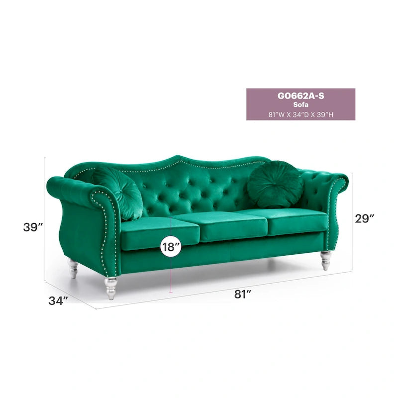 Canapé 3 places Hollywood Chesterfield en velours de 82 po avec 2 coussins décoratifs – 82L x 35P x 34H
