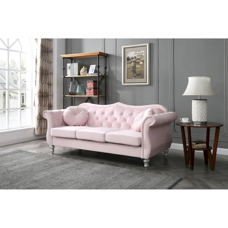 Canapé 3 places Hollywood Chesterfield en velours de 82 po avec 2 coussins décoratifs – 82L x 35P x 34H