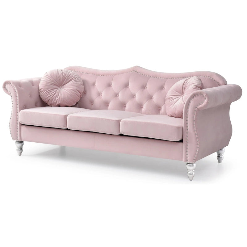 Canapé 3 places Hollywood Chesterfield en velours de 82 po avec 2 coussins décoratifs – 82L x 35P x 34H