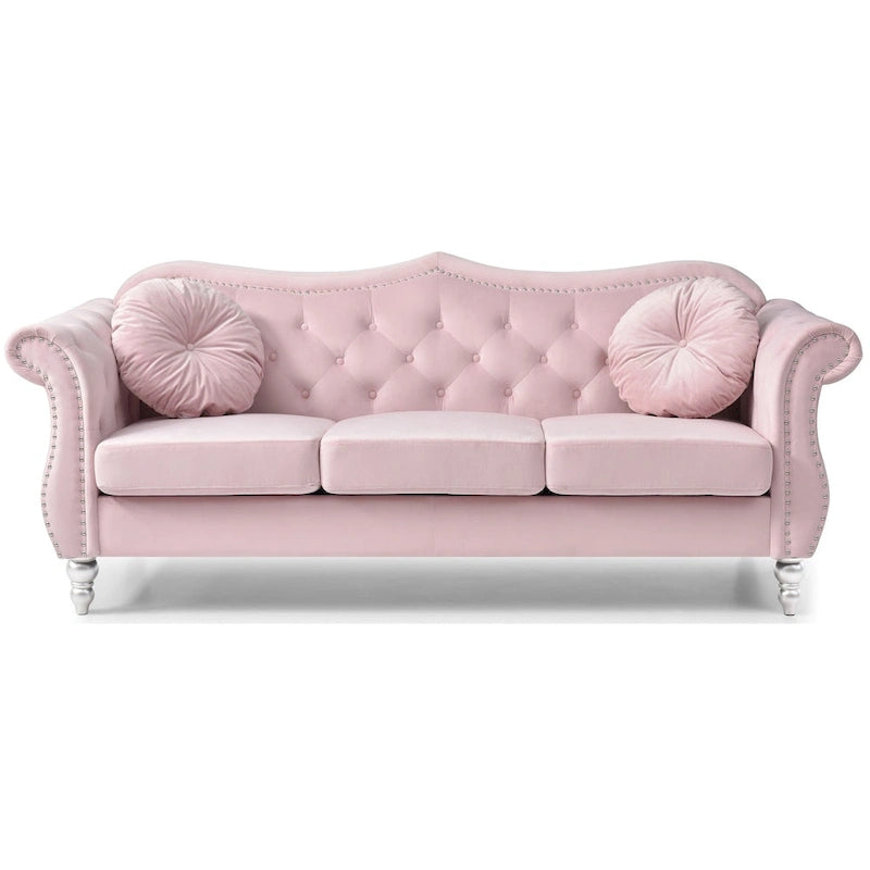Canapé 3 places Hollywood Chesterfield en velours de 82 po avec 2 coussins décoratifs – 82L x 35P x 34H