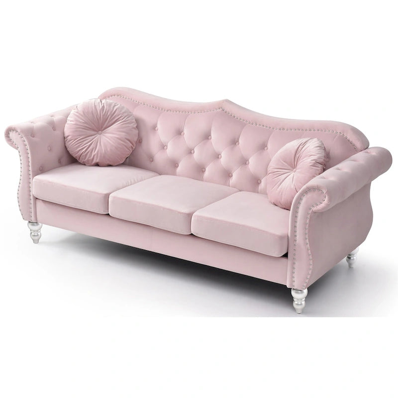 Canapé 3 places Hollywood Chesterfield en velours de 82 po avec 2 coussins décoratifs – 82L x 35P x 34H