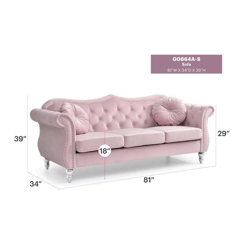 Canapé 3 places Hollywood Chesterfield en velours de 82 po avec 2 coussins décoratifs – 82L x 35P x 34H
