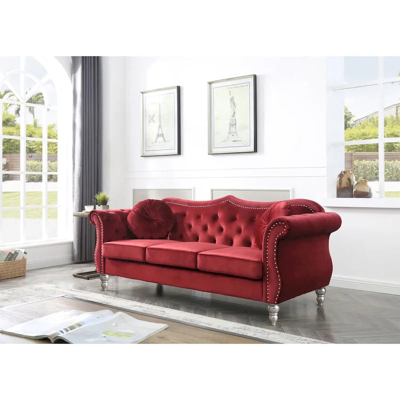 Canapé 3 places Hollywood Chesterfield en velours de 82 po avec 2 coussins décoratifs – 82L x 35P x 34H