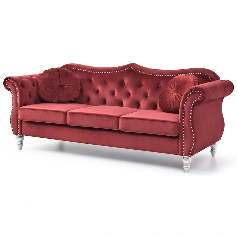 Canapé 3 places Hollywood Chesterfield en velours de 82 po avec 2 coussins décoratifs – 82L x 35P x 34H