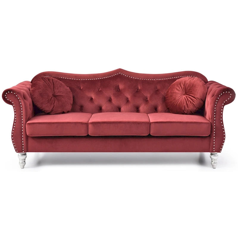 Canapé 3 places Hollywood Chesterfield en velours de 82 po avec 2 coussins décoratifs – 82L x 35P x 34H