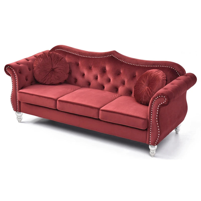 Canapé 3 places Hollywood Chesterfield en velours de 82 po avec 2 coussins décoratifs – 82L x 35P x 34H