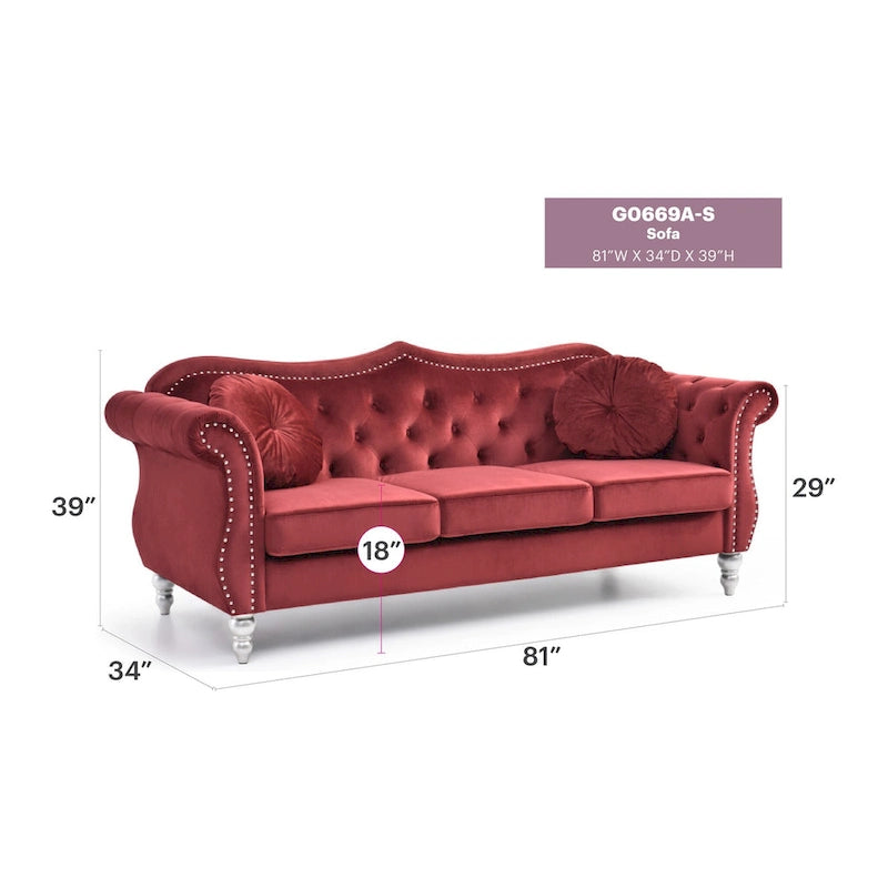 Canapé 3 places Hollywood Chesterfield en velours de 82 po avec 2 coussins décoratifs – 82L x 35P x 34H