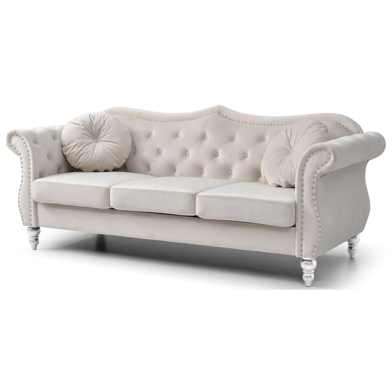 Canapé 3 places Hollywood Chesterfield en velours de 82 po avec 2 coussins décoratifs – 82L x 35P x 34H