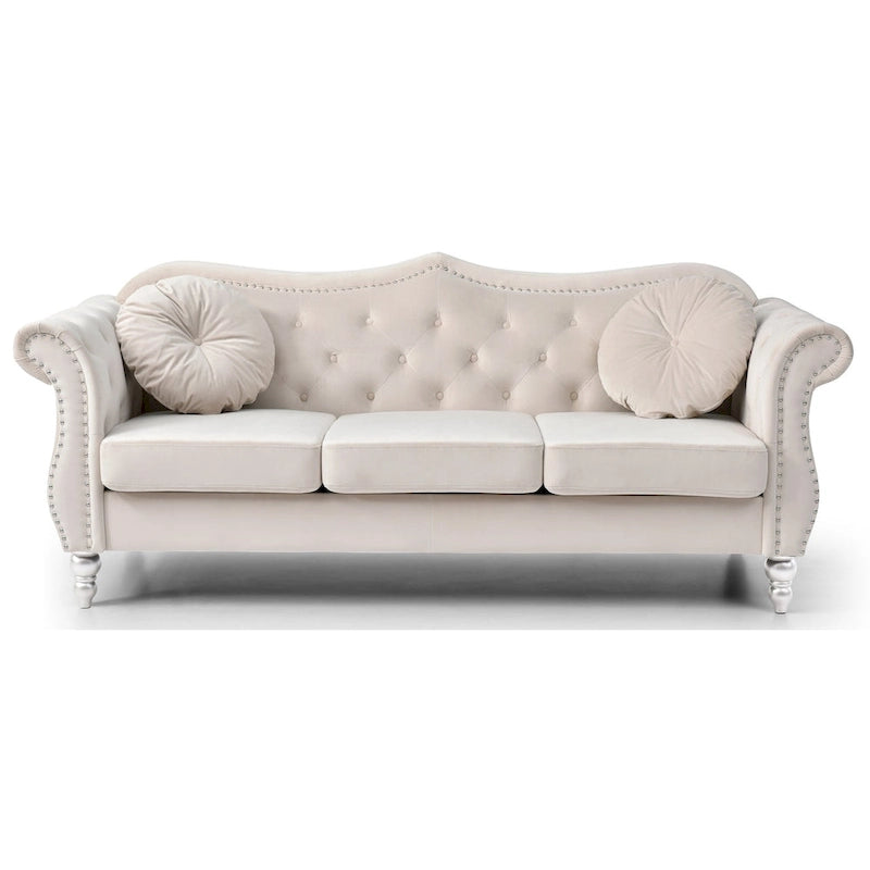 Canapé 3 places Hollywood Chesterfield en velours de 82 po avec 2 coussins décoratifs – 82L x 35P x 34H