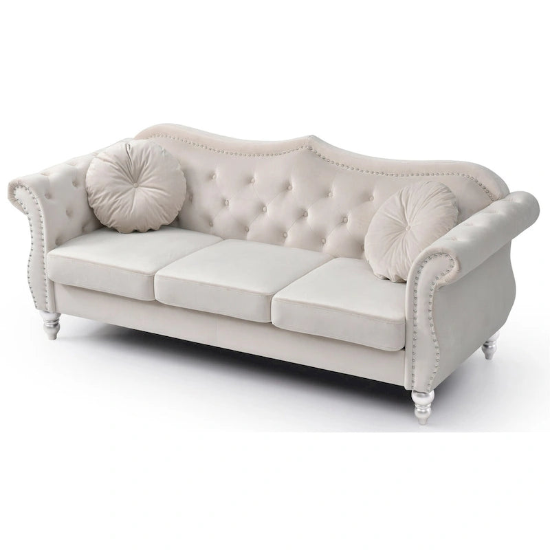 Canapé 3 places Hollywood Chesterfield en velours de 82 po avec 2 coussins décoratifs – 82L x 35P x 34H