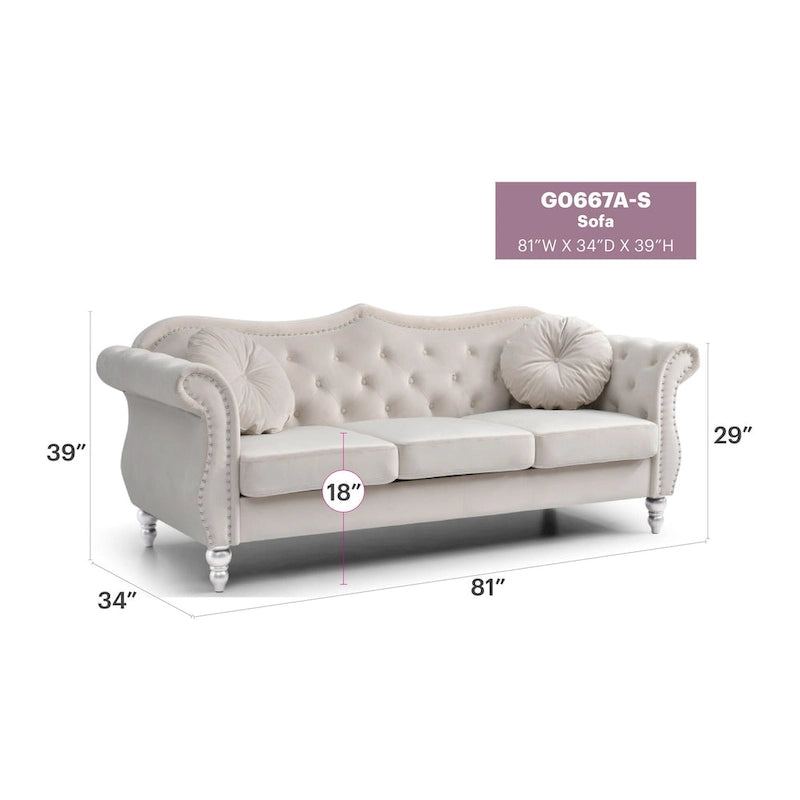 Canapé 3 places Hollywood Chesterfield en velours de 82 po avec 2 coussins décoratifs – 82L x 35P x 34H