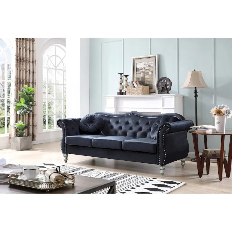Canapé 3 places Hollywood Chesterfield en velours de 82 po avec 2 coussins décoratifs – 82L x 35P x 34H