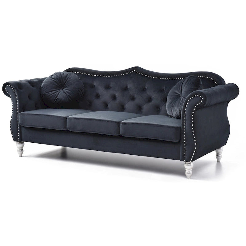 Canapé 3 places Hollywood Chesterfield en velours de 82 po avec 2 coussins décoratifs – 82L x 35P x 34H