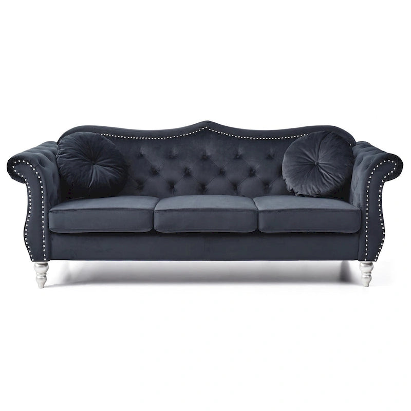 Canapé 3 places Hollywood Chesterfield en velours de 82 po avec 2 coussins décoratifs – 82L x 35P x 34H