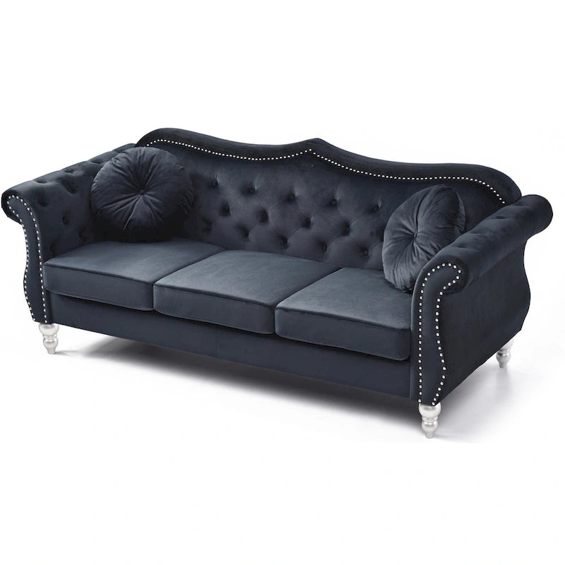 Canapé 3 places Hollywood Chesterfield en velours de 82 po avec 2 coussins décoratifs – 82L x 35P x 34H